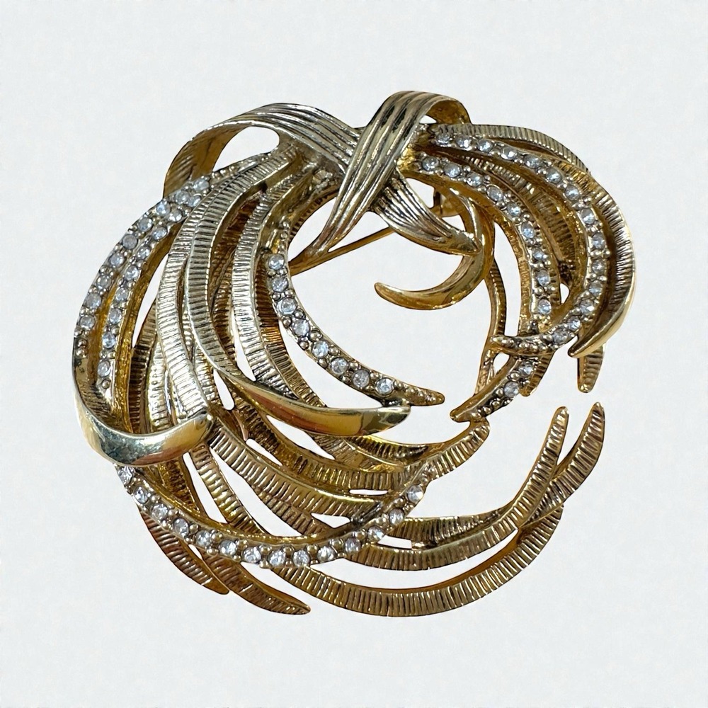 Vintage Monet Gold Tone Etched Swirl Rhinestone Brooch Signed BEAUTY